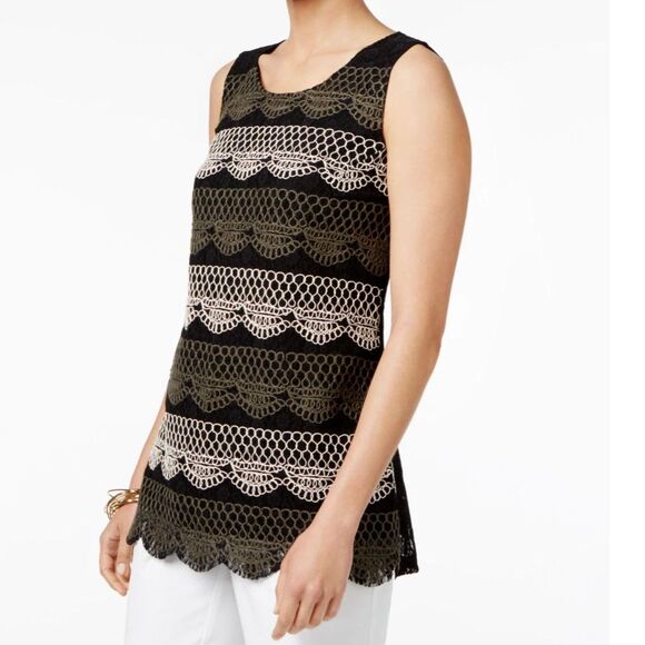 Alfani Tops - Alfani Women’s Black Lace Embroidered Top Size XL Sheer Overlay Top